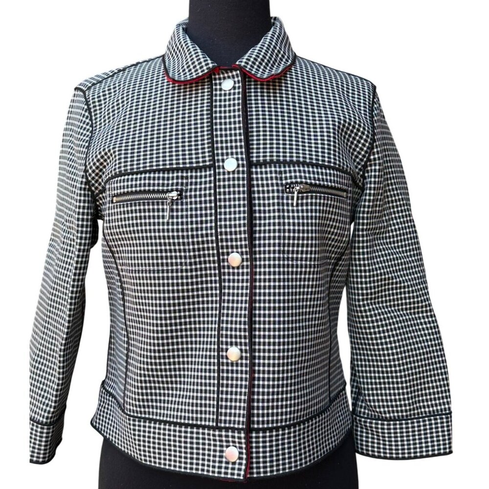 Women's Black & White Gingham Pattern Button-Down Jacket Poly Blend Size S-READ